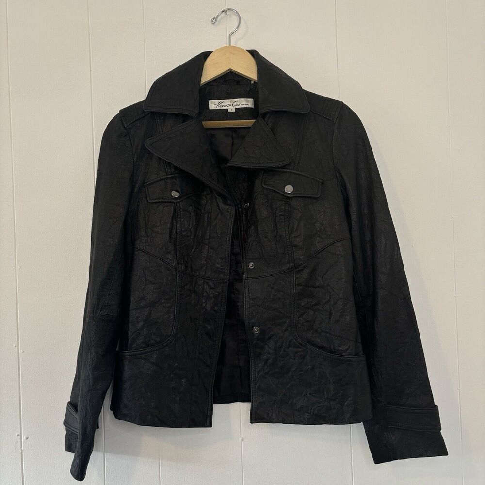 Kenneth Cole Genuine Leather Jacket Women's Small Black Button Biker Classic 90s